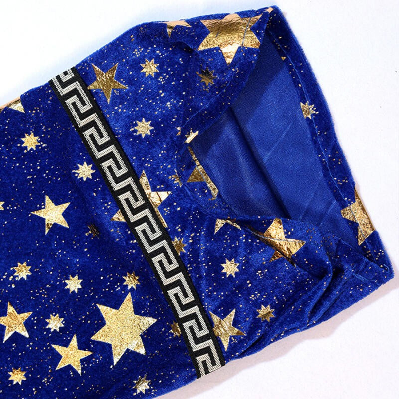 Halloween Wizard Costume Velvet Long Robe Blue Gold Star Print Cloak With Pointed Hat Adult Cosplay Fancy Party Dress Up Outfit