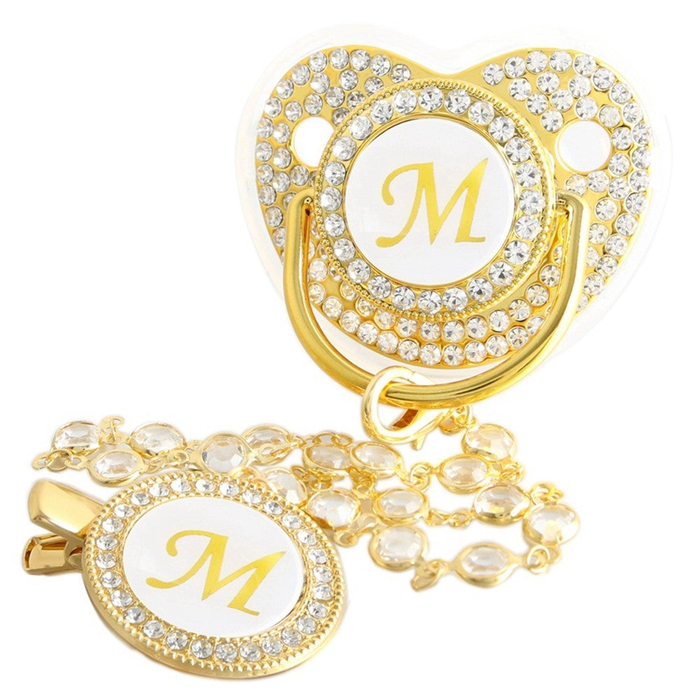 26 Initial Letters Golden Baby Pacifier With Diamond Chain Clip