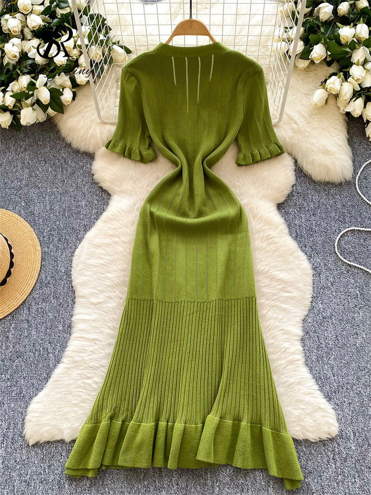 SINGREINY Summer OL Knit Dress 2025 Women V Neck Button Design Slim Mermaid Sund