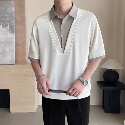 2025 summer new men's fake two-piece shirt, men's clothing, trendy brand, casual, high-end short-sleeved polo shirt