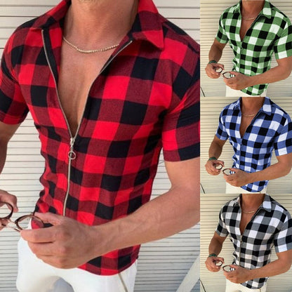 American Style New Retro Zipper Four Sided Elastic Grid Printed Top Men's Slim Fit Cardigan Casual Short Sleeved Shirt
