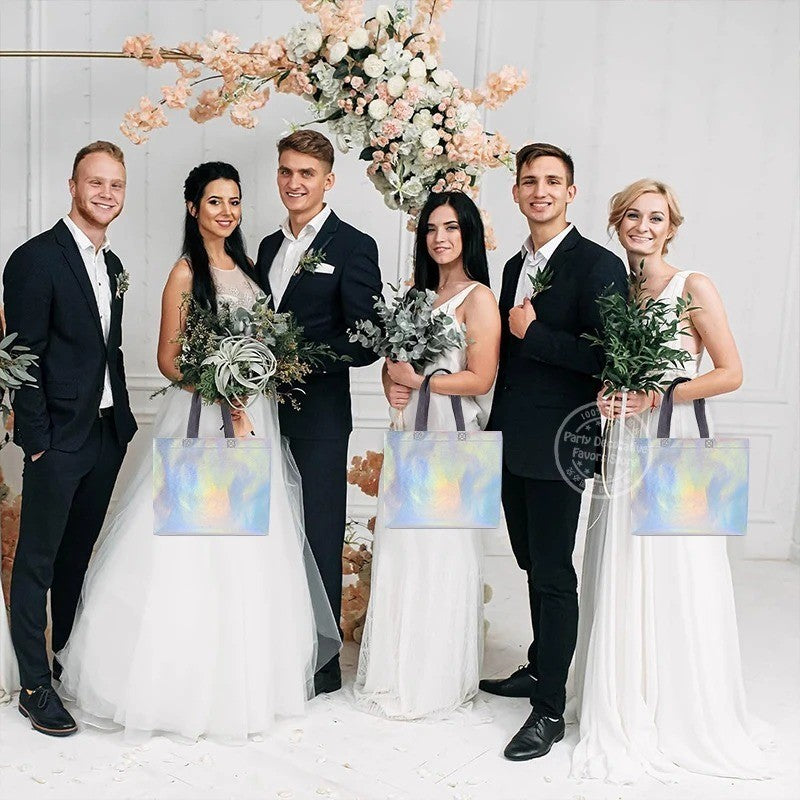 10Pcs Reusable Silver Laser Tote Bag Durable Non Woven Gift Shopping Bag for Wedding Bridesmaid Party Birthday Eco Friendly