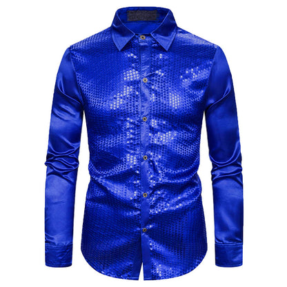Club Sequin Shirt Mens 70s Disco Costume Vinatge Shirt Turn-down Collar Reflective Shiny Sequins Short Sleeve Button Down Shirt