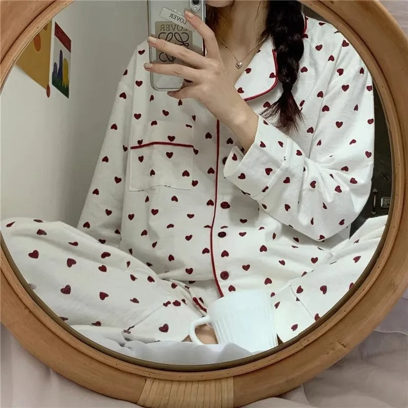 M-XXL Large Size Nightwear Women Sleepwear Autumn and Winter Cardigan Home Wear Peach Heart Long Sleeves School Silk Pajamas