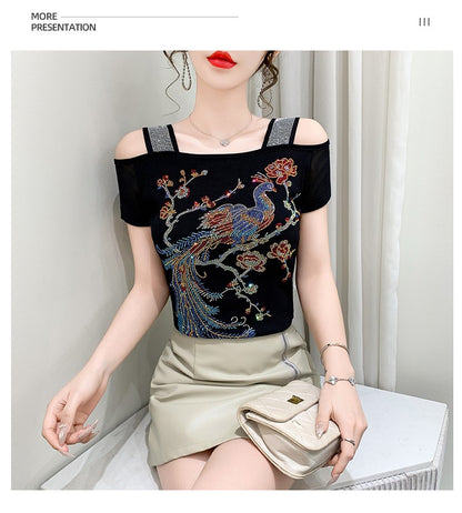 Summer New Fashion Cartoon T-shirt Chic Hollow Out Hot Diamonds Tees Sexy Off Shoulder Short Sleeve Women's Tops Blouse