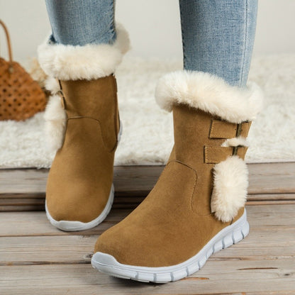 Winter Round Toe Plus Velvet Warm Side Zipper Casual Mid-calf Boots New Comfortable Fashionable Buckle Flat Snow Boots for Women