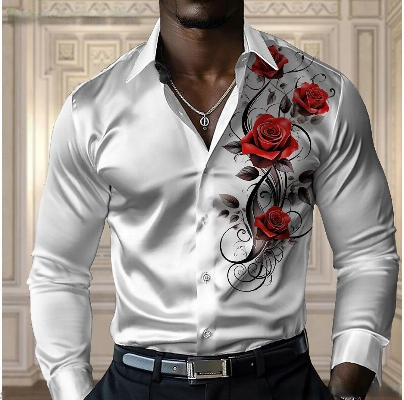 High-end men's rose shirt, casual and comfortable button-down long-sleeved shirt, fashionable four-season shirt, plus-size desig