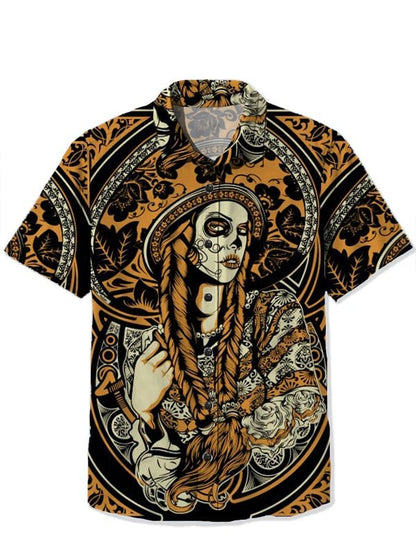 Men's Shirt Summer Casual Fashion Short Sleeve 3D Printed Denim Skull Gun Print Men's Hawaiian Lapel Single Breasted Shirt