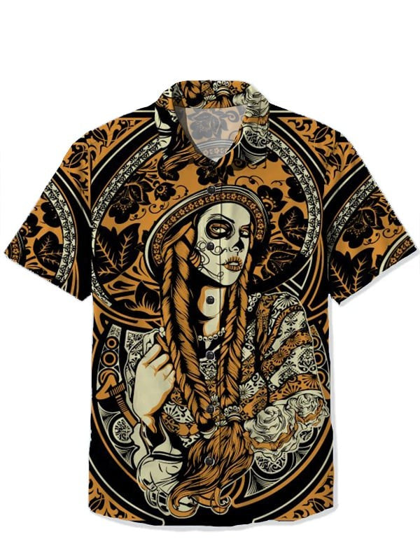 Men's Shirt Summer Casual Fashion Short Sleeve 3D Printed Denim Skull Gun Print Men's Hawaiian Lapel Single Breasted Shirt