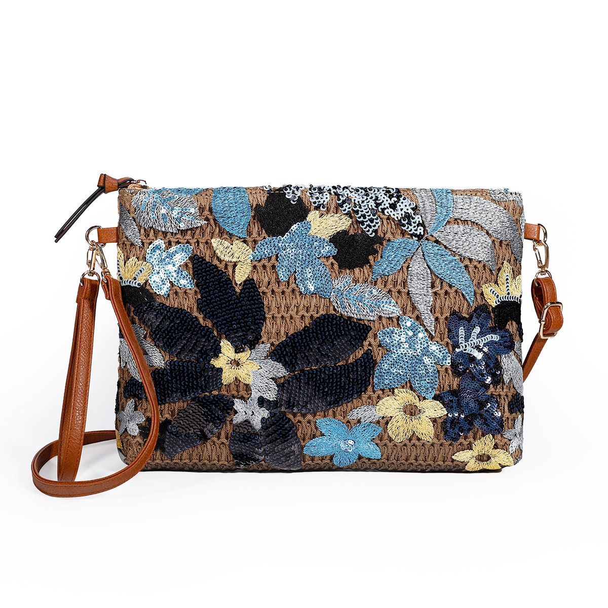 Fashion Embroidered Sequins Clutch Bag for Women Flower Straw Shoulder Crossbody Bags Summer Party Bag Vacation Big Purses 2024