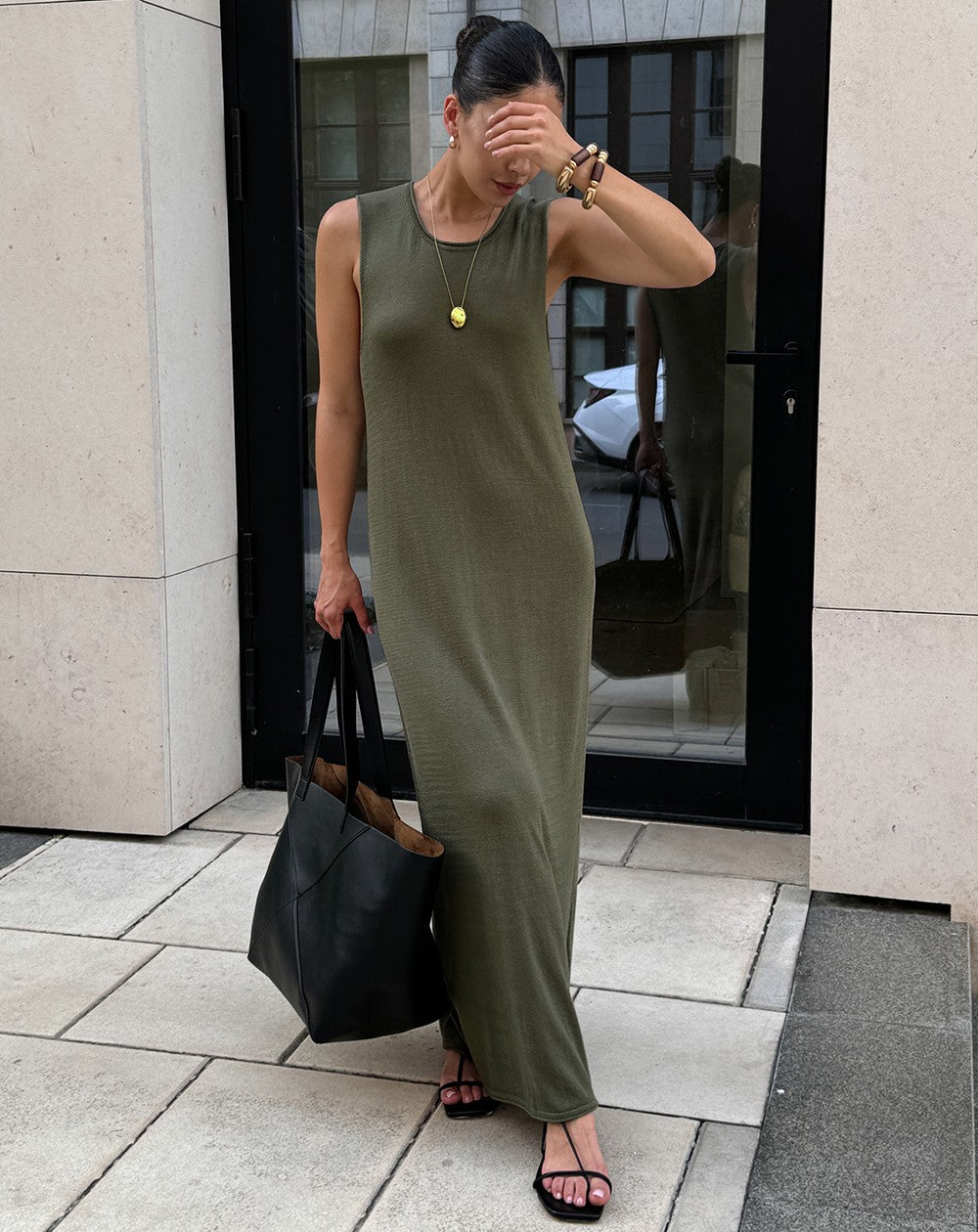 Noodle Women's Summer Knitted Dress Sleeveless Soild Long Elegant Brown Dress  O