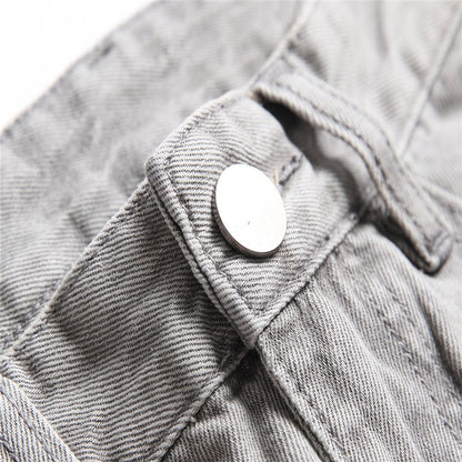 Mens Jeans Large-size Straight Light Gray Denim Trousers Spring and Autumn Full Length Male Pants Ripped Jeans
