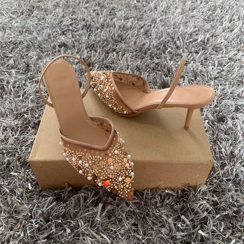 Fashion High Heeled Formal Party Shoes for Lady Luxury Sequin Pearl Stiletto Elengat Mesh Slingbacks Women Modern Sandals