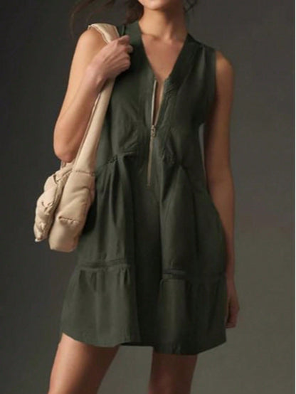 Fisoew Women's Sleeveless Mini Dress Half Zip V Neck Casual Mesh Back Summer Dress with Pockets sexy dress