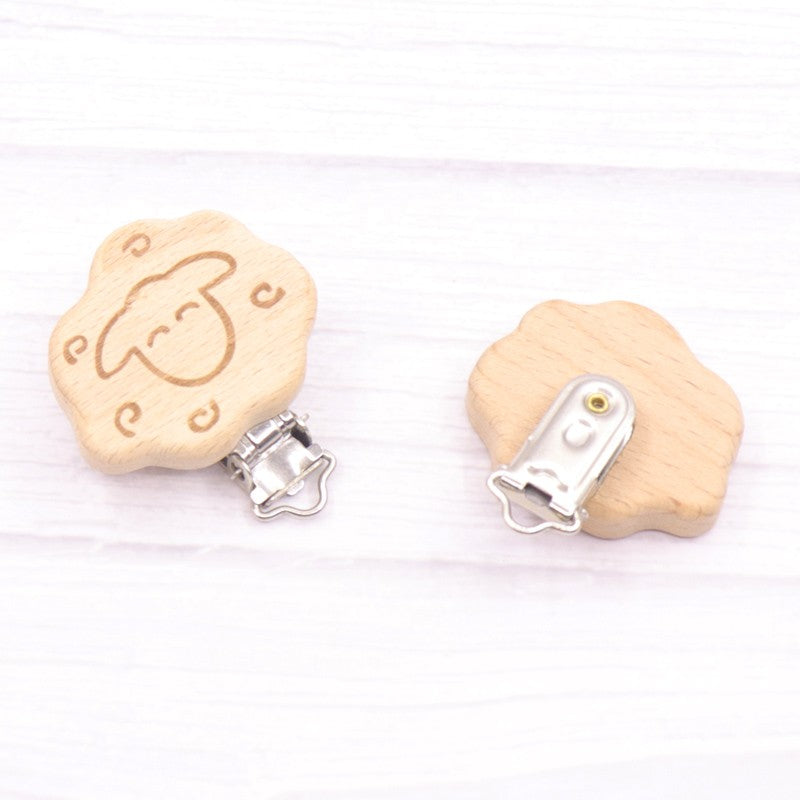 5pcs 30mm Laser Patern Metal Steel Round Beech Wood Clips Baby Teethers Toys Pacifier Chain Holder Making