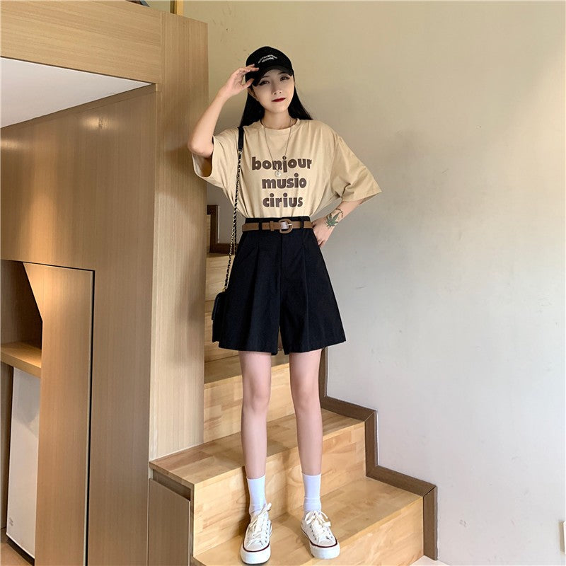 Workwear Shorts for Women High Waist Summer Wide-leg Shorts Belt Khaki Casual Cotton Korean Fashion Solid Pocket Womens Shorts