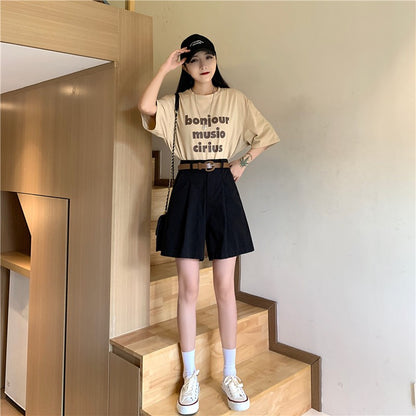 Workwear Shorts for Women High Waist Summer Wide-leg Shorts Belt Khaki Casual Cotton Korean Fashion Solid Pocket Womens Shorts