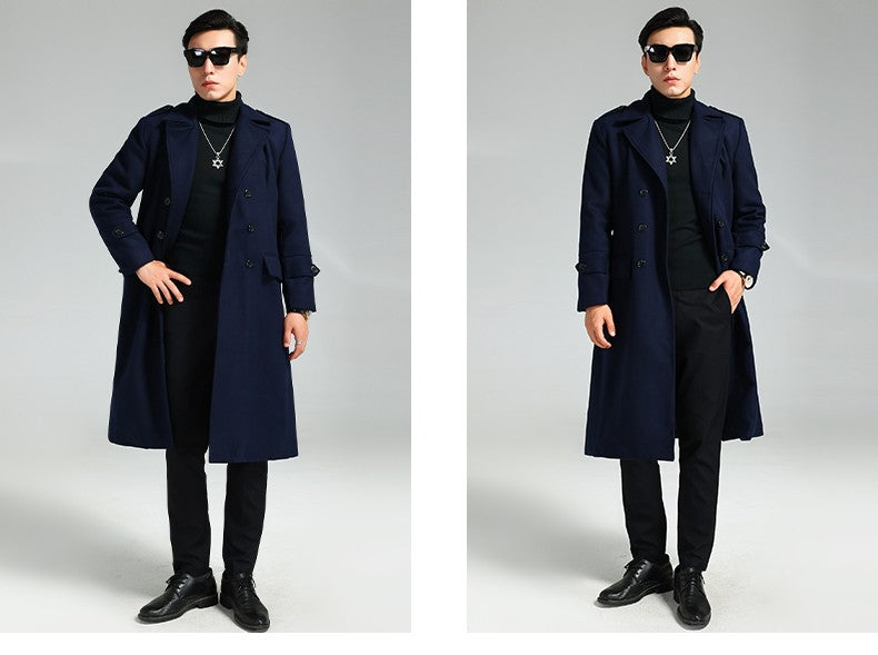 Nerazzurri Autumn Winter Long Elegant Luxury Chic Navy Blue Warm Woolen Coat for Men Double Breasted Wool & blends Overcoat 2023
