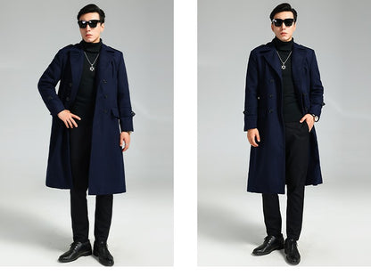 Nerazzurri Autumn Winter Long Elegant Luxury Chic Navy Blue Warm Woolen Coat for Men Double Breasted Wool & blends Overcoat 2023