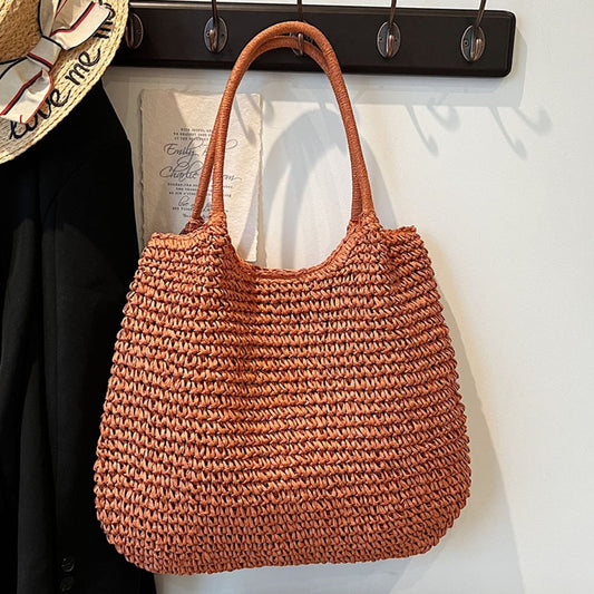 Women Straw Bag Tote Handbag Large Capacity Vintage Shoulder Bag Solid Color Simple Weaving Handbag Ladies Summer Daily Bag