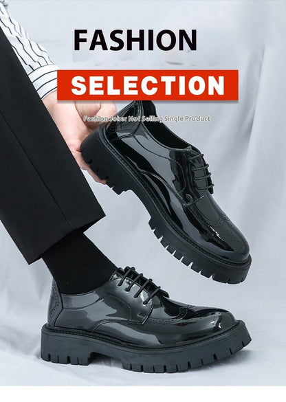 Leather shoes men's thick soles increase British style Brock business dress black senior sense wedding groom shoes 46 yards