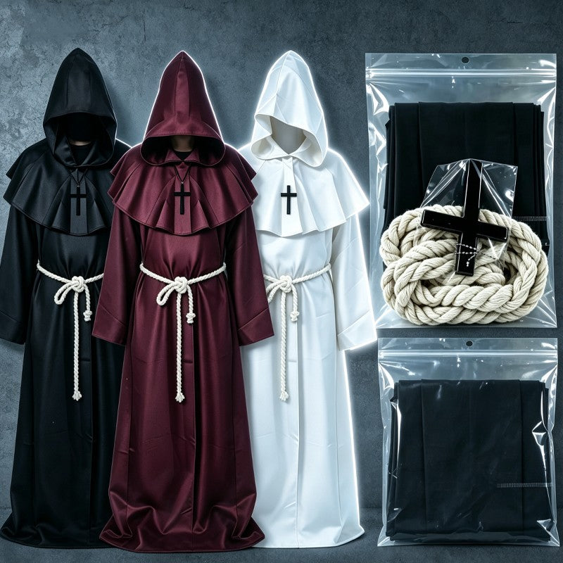 Retro Priest Robe Halloween Cosplay Costume Wizard Fancy Punk Cloak Mask Medieval Monk Robe Hooded Monk Cowl