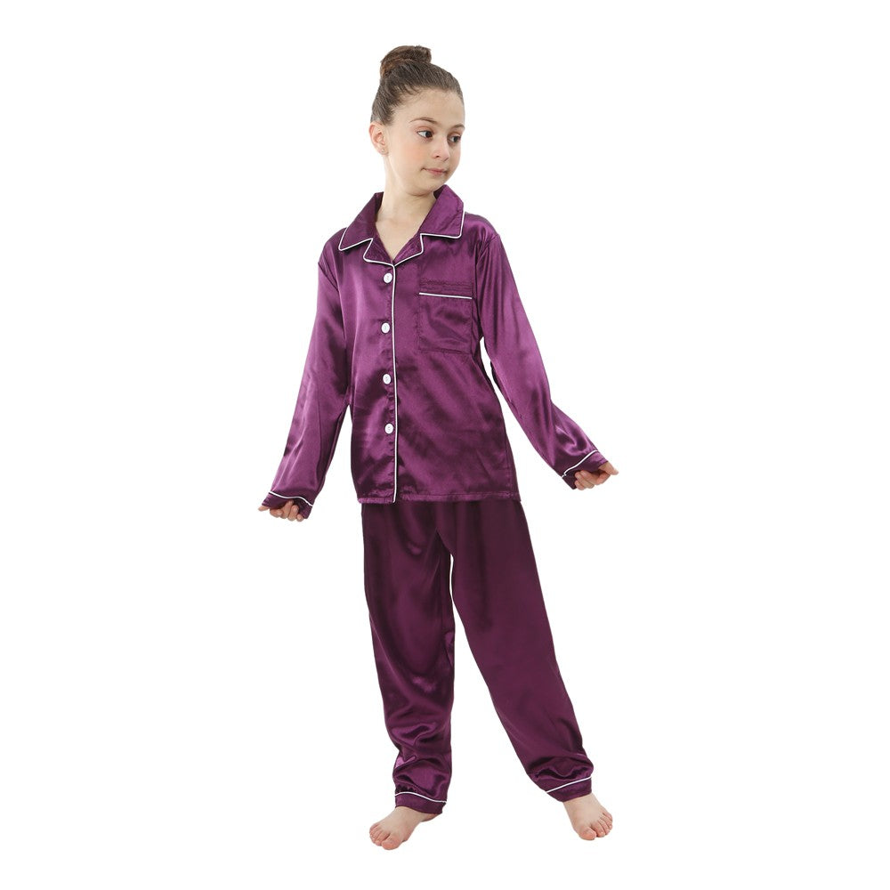 2 to 14 Years Boys Girls Pajamas Sets Kids Silk Satin Top Pant Long/Short Sleeve Solid Pyjamas Suits Nightgown Child Sleepwear
