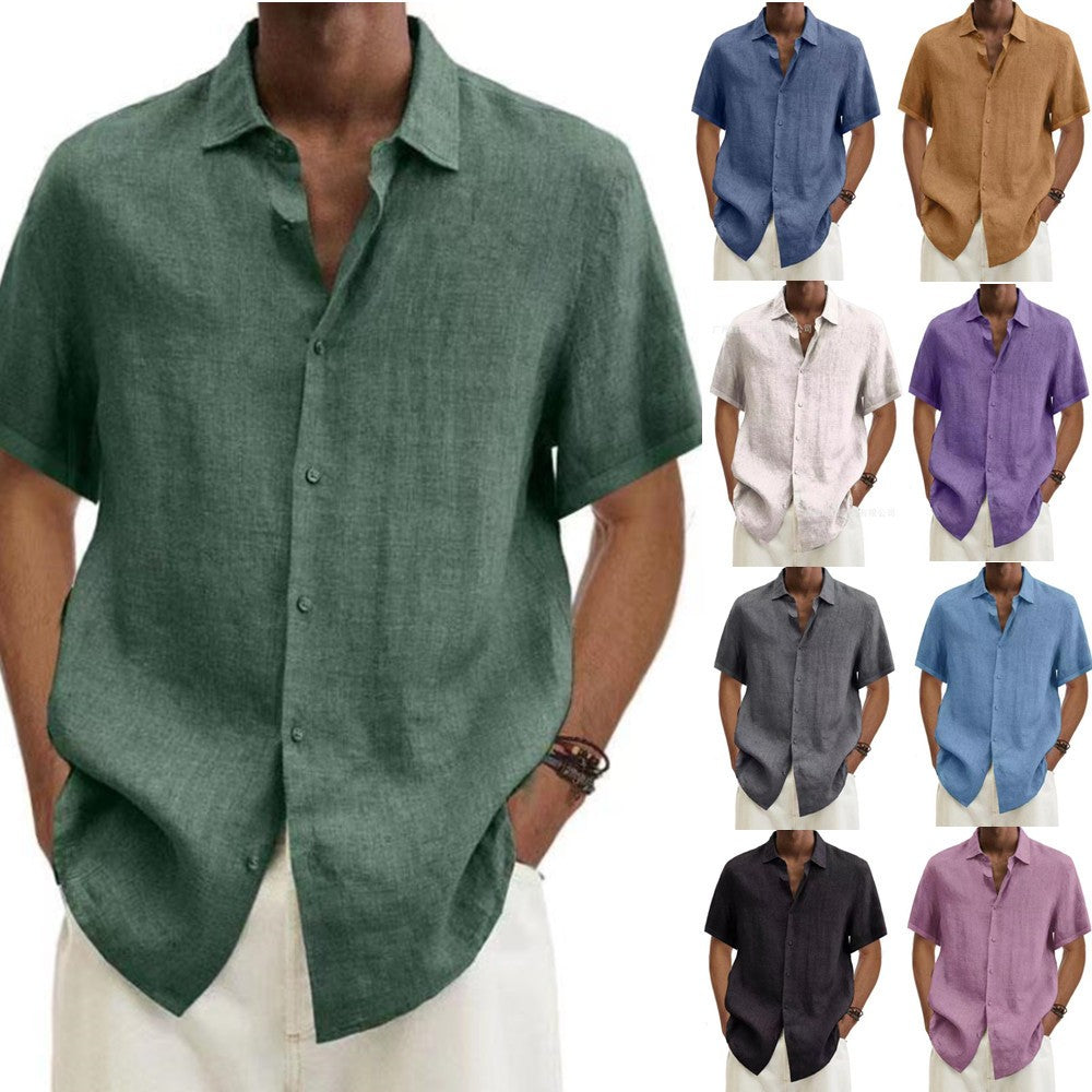 Basic Summer Men's Shirt Cotton Linen Short-sleeved Button Lapel Simple Top Casual Office Blouses for Male