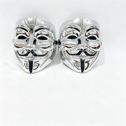 2pcs Metallic Gold & Silver Full Face Mask Set Anonymous Style Adjustable Strap Masquerade Halloween Cosplay Costume
