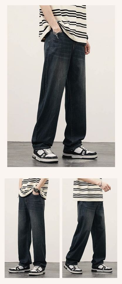 2025 Primavera Outono Novas Calças Jeans Masculinas Retas Vintage Casuais Masculinas de Alta Qualidade Estilo Coreano Baggy Calças Jeans de Perna Larga