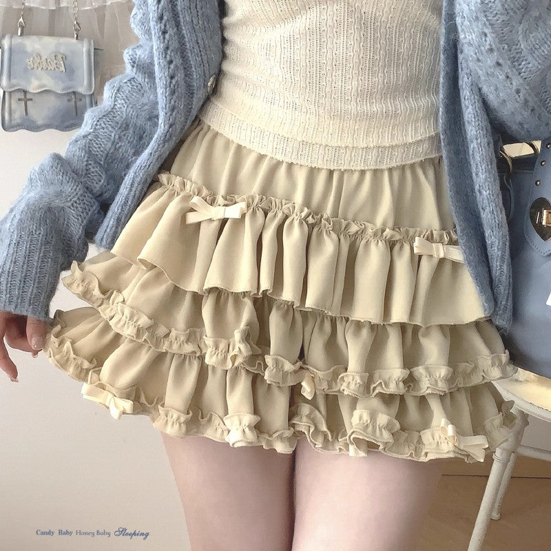 Y2K Sweet Ruffles Mini Skirt Women Kawaii Lolita Bow A Line Skirts Harajuku Japanese Cute High Waist Pink Blue Cake Skirt