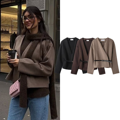 EDSA Women Soft Belted Jacket Wrap V-neck Long Sleeves New Elegant Lady Commute Outwear for Female