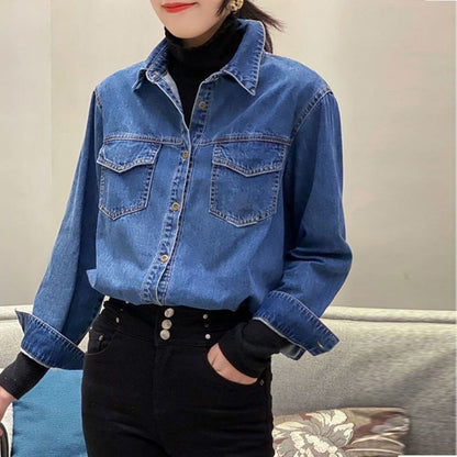 Korean Women Long Sleeve Jeans Shirt With Bottom Tops Coat Retro Style Female Spring Loose Cowboy Cardigan Blouse Denim  Jacket