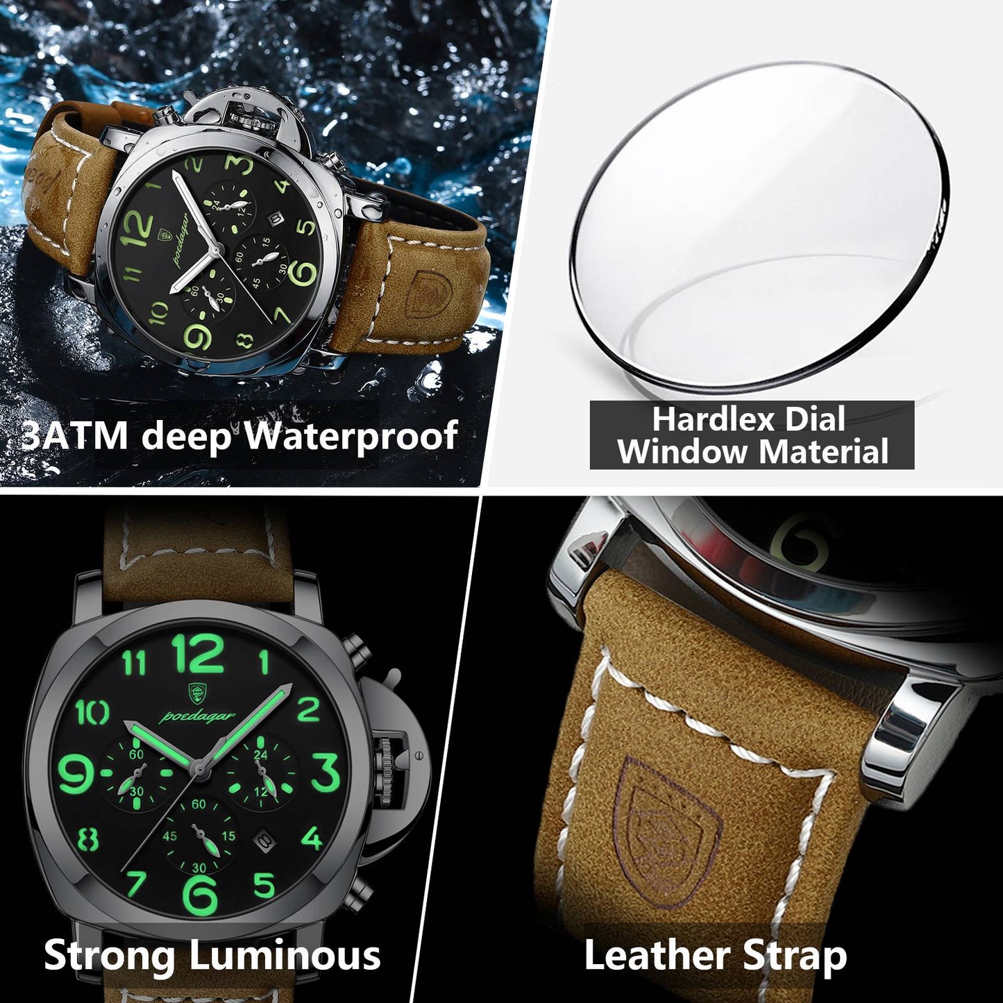 POEDAGAR Top Luxury Fashion Watch For Men Waterproof Luminous Chronograph Man Watch Leather Military Men's Quartz Watches Reloj