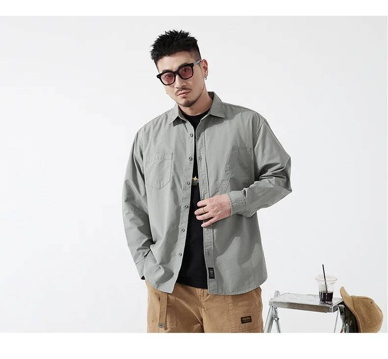 Men's Cargo Shirt Long Sleeve Premium Cotton Solid Color Japanese Streetwear Simple Handsome Chest Pocket Outdoor Work Shirst