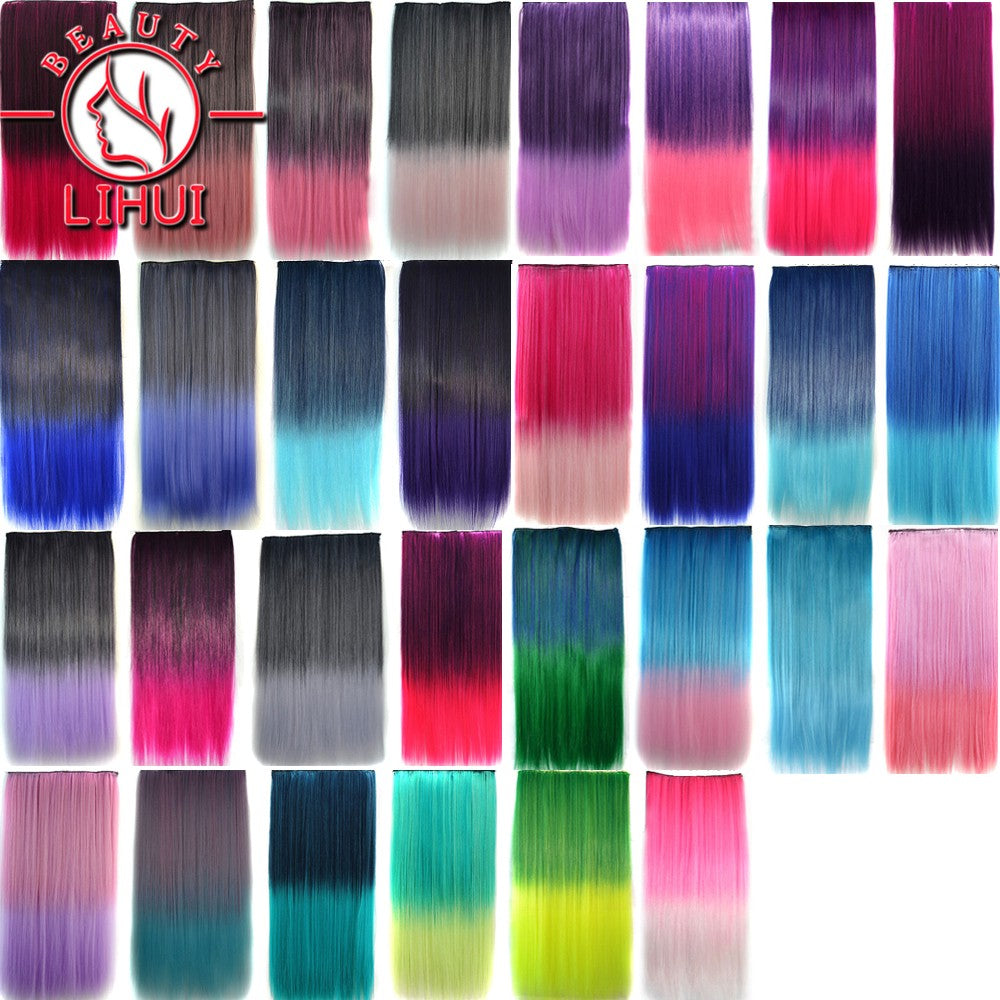 Extensões de cabelo sintéticas com clipe, longas e lisas, com 5 clipes em uma única peça, extensões de cabelo multicoloridas LIHUI
