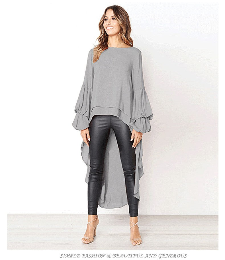 Elegant Solid Color Chiffon Shirts Women O Neck Lantern Sleeves Irregular Long Blouses Tops Temperament Lady Commuting Clothing