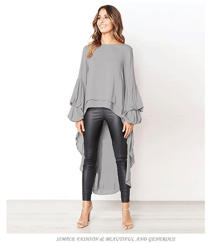 Elegant Solid Color Chiffon Shirts Women O Neck Lantern Sleeves Irregular Long Blouses Tops Temperament Lady Commuting Clothing