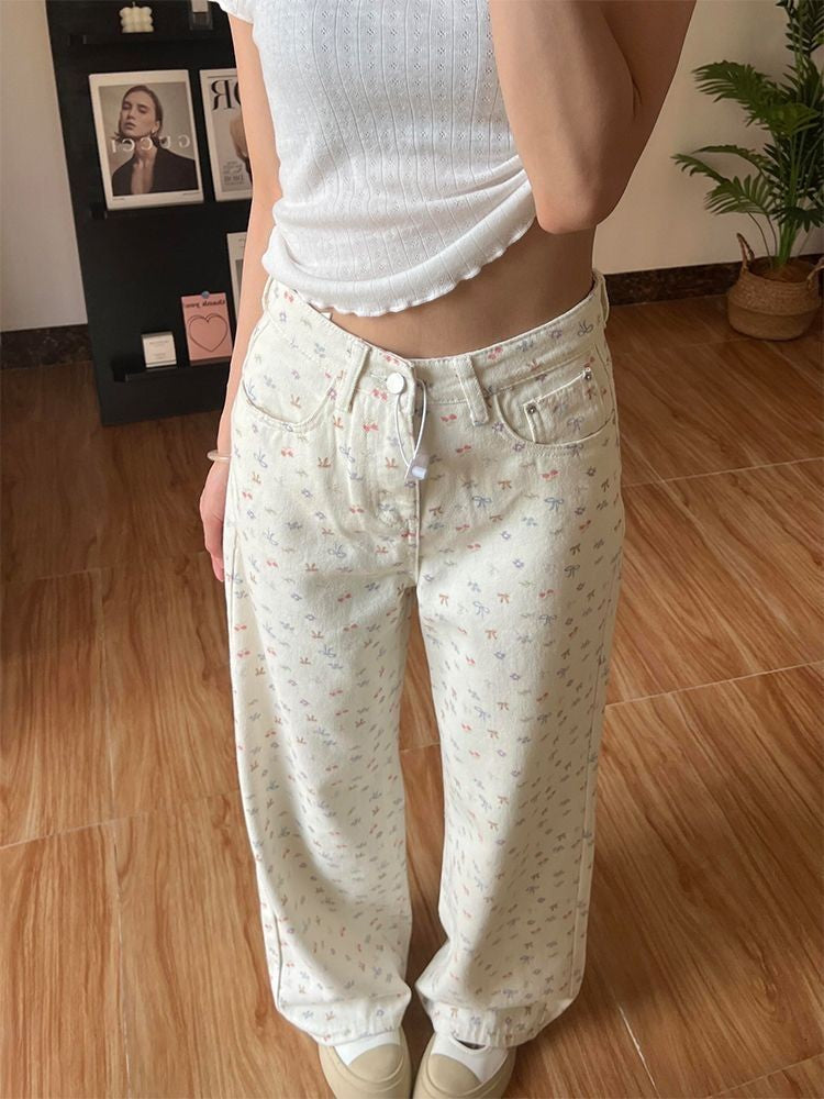 2025 New Women Beige Hello Kitty Floral Print Jeans High Waisted Wide Leg Straight Pants Casual Versatile Y2K Cute Fashion