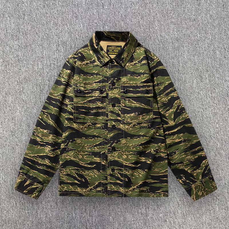 2025 Spring Men's Tiger Stripe Camo Camouflage Cargo Shirt Fashion Work Engineer Long Sleeved Shirt Jacket With Double Pockets