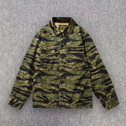 2025 Spring Men's Tiger Stripe Camo Camouflage Cargo Shirt Fashion Work Engineer Long Sleeved Shirt Jacket With Double Pockets