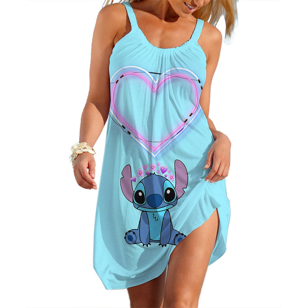 New Summer Girls Disney Stitch Women Fashion Sling Dress Women Sexy Loose Seasid