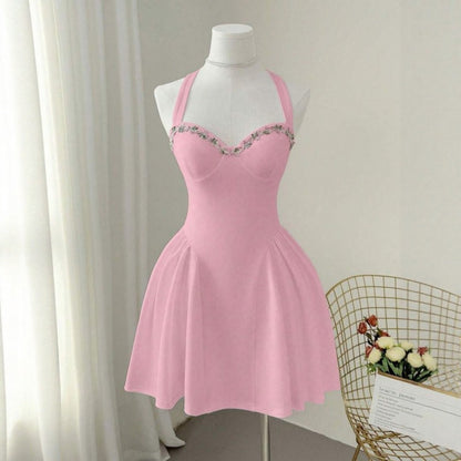 Women Summer Sweet Pink Knittd Mini Suspender Dress Sleeveless Heart Neck Waist Cinching Pleated A-Line Fashion Elegant Dress