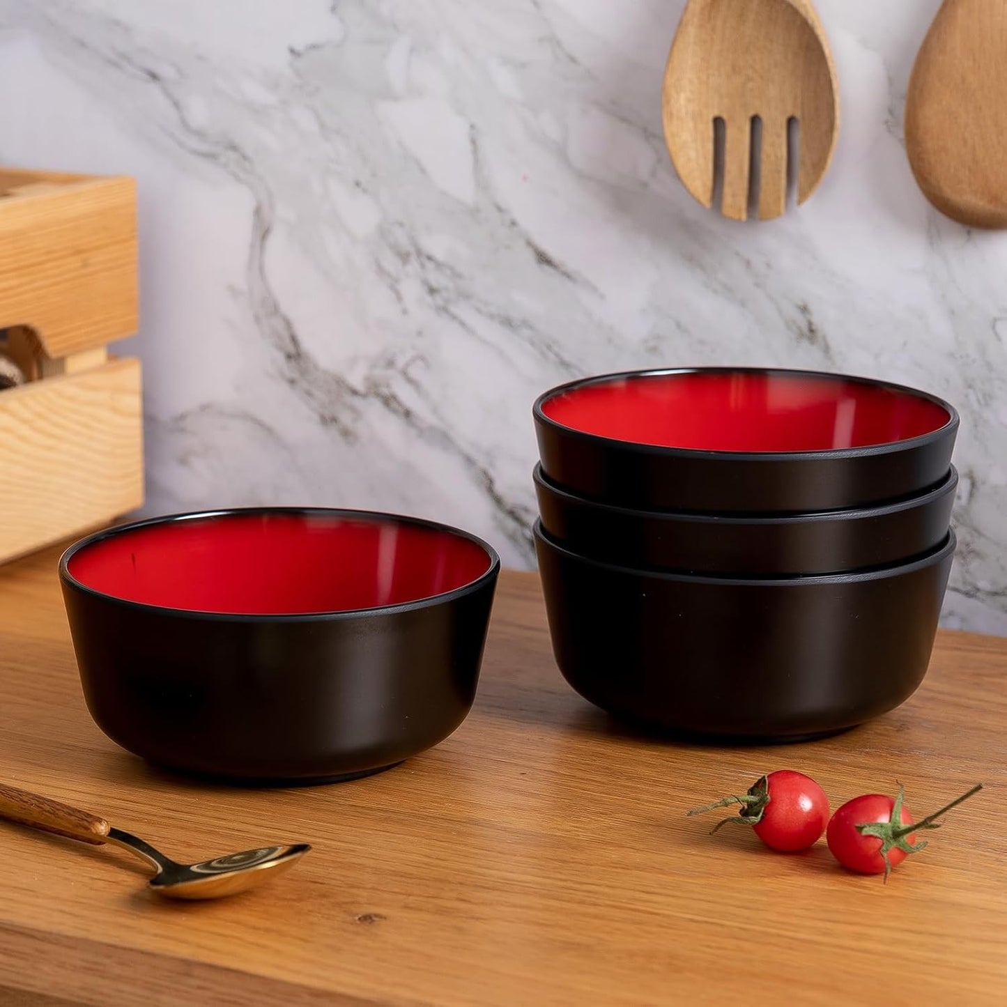 Melamine 12-Piece Modern Dinnerware Set, Kitchen Plates and Bowls Sets, Luxury 2 tone Red and Black Ceramic look Dish Set for 4.