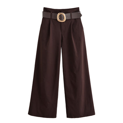 Tidalyf 2025 Women Vintage Brown Wide Leg Pants with Metal Belt High Waist Casual Trousers