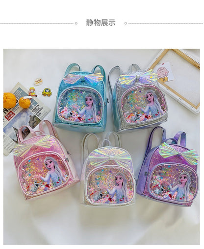 Mochila Mini de Glitter Princesa Elsa de Frozen da Disney, Linda com Laço de Lantejoulas, Bolsa Escolar de Jardim de Infância para Meninas, Desenho Animado Infantil, Mochila de Ombro Duplo