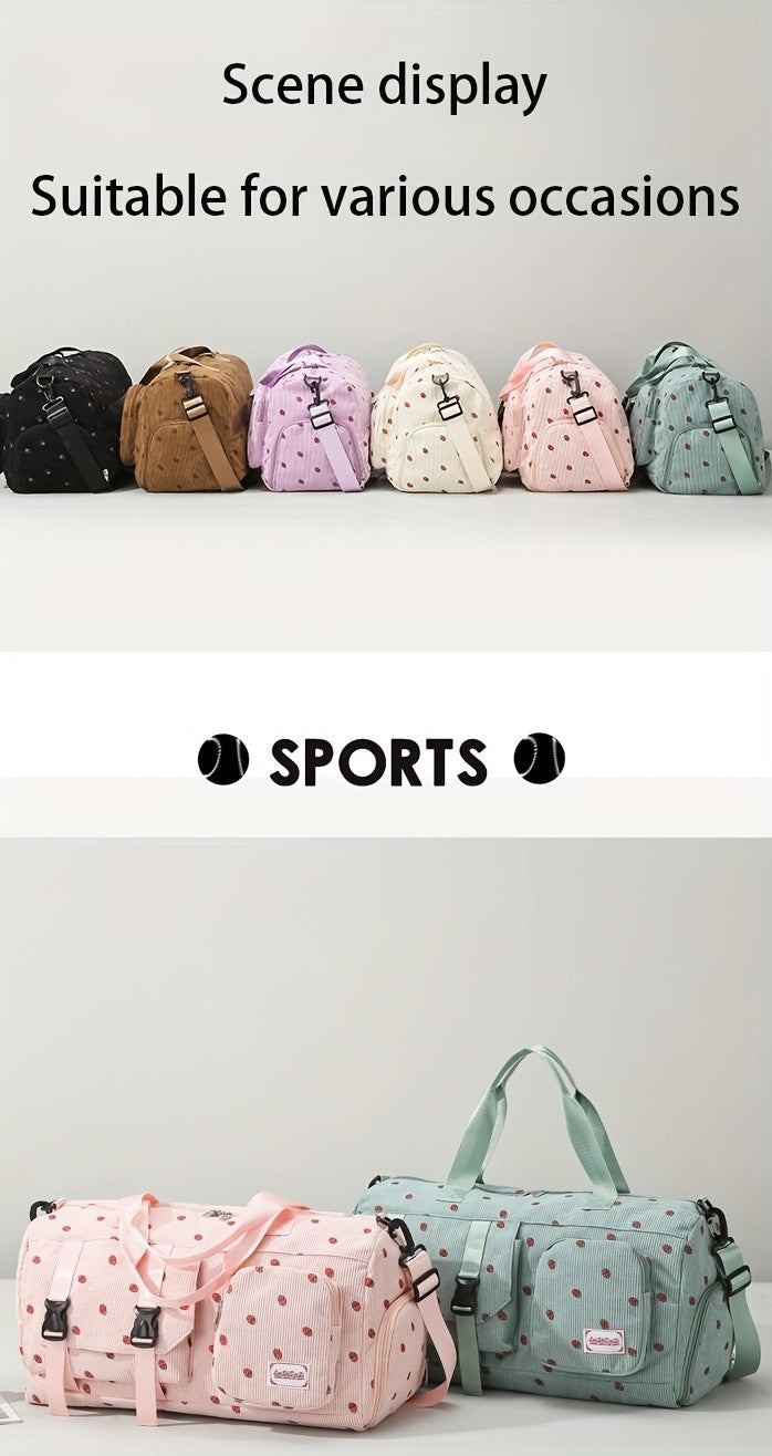 Large Capacity Travel Duffel Bag with Strawberry Pattern, Wet/Dry Separation, Independent Shoe Compartment & Multiple Pockets