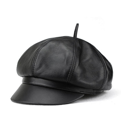 Autumn Winter Women's Genuine Sheep Leather Octagonal Beret | Leopard Print Trendy Painter Hat Celebrity Style Versatile Cap