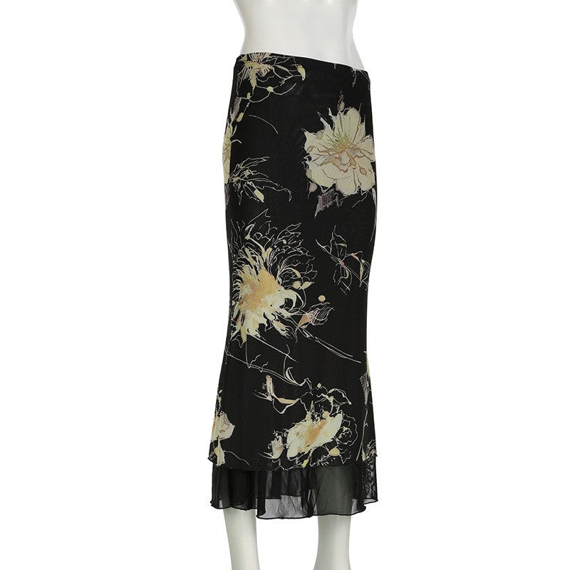 Goth Dark Y2K Aestheics Double Layer Mesh A-line Skirt Women Fashion Florals Pri