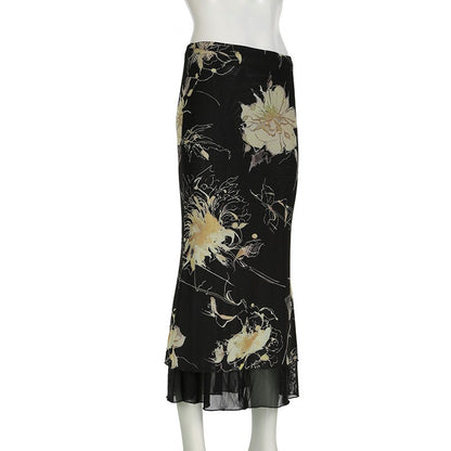 Goth Dark Y2K Aestheics Double Layer Mesh A-line Skirt Women Fashion Florals Pri